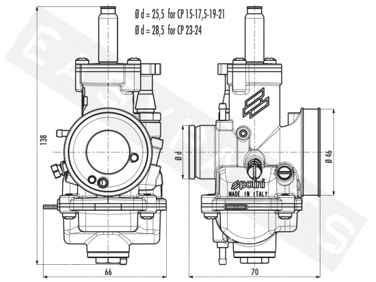 Carburador POLINI Racing CP Ø15 universal 2T (starter manual a tirar)